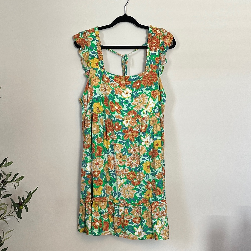 Floral Sleeveless Dress - Green and Orange